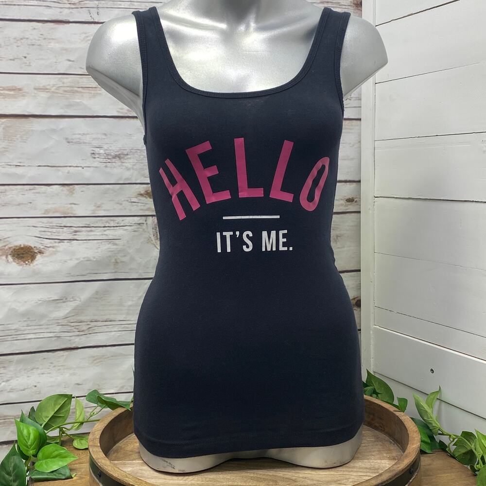 Hello It's Me Black Tank Top Woman's Size Small Adele Song Saying Cotton Shirt S